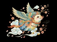 Flying hedgehog with ornate wings, cherry blossoms, and swirling clouds in Asian art style, isolated on transparent background, for stickers, T-shirts, and print on demand.