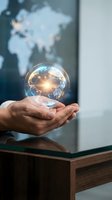 Businessman hands holding glowing digital globe with network connections representing global business technology and worldwide communication solutions.