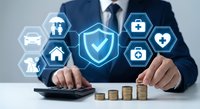 Professional businessman in dark suit calculating insurance costs with digital security icons representing comprehensive coverage for home, auto, health and life protection.