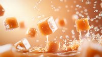 Flying caramel candy pieces with water splashes and droplets on warm brown background, dynamic food composition with sweet treats in motion.