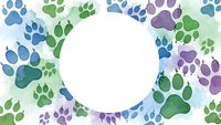 Watercolor paw prints in blue, green and purple tones forming circular frame on white background for pet care designs and animal lover projects.