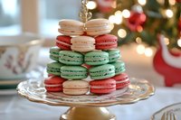 Colorful French macarons stacked on glass cake stand with Christmas tree lights bokeh background for holiday dessert celebration and festive party treats.