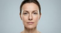 Middle-aged Caucasian woman showing aging process with half face wrinkled and half smooth skin on neutral background for skincare and beauty treatments.