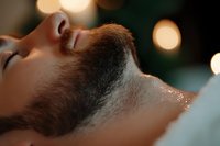 Close-up profile of young Caucasian bearded man with closed eyes relaxing against blurred bokeh lights background, showing peaceful expression and glowing skin.