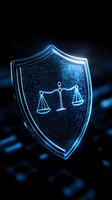 Glowing blue shield with scales of justice symbol on dark background represents legal protection and cybersecurity concept for law firm presentations.