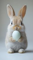 Fluffy tan and white rabbit holding pale green egg on neutral background, isolated for Easter designs, greeting cards, and holiday marketing materials.