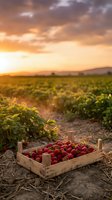 Fresh strawberries in wooden crate at sunset farm field with dramatic sky. Organic fruit harvest agriculture concept for healthy eating and farming content.