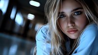 Young blonde woman in blue sweater looking directly at camera with intense gaze against dark moody background, dramatic lighting highlights facial features.