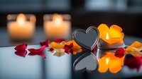 Romantic composition with glowing heart-shaped candles and scattered red rose petals on reflective surface, creating warm atmospheric lighting for Valentine's day or anniversary.