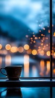 Coffee cup on windowsill with warm bokeh lights and blue evening cityscape creating cozy atmosphere for relaxation and contemplation.