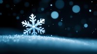 Glowing snowflake crystal on sparkling snow surface with blue bokeh lights and dark background creates magical winter atmosphere.