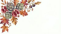 Autumn botanical corner arrangement featuring pomegranates, artichokes, and fall foliage in watercolor style. Suitable for seasonal designs and decorative projects.