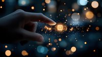 Finger touching glowing microchip icon with digital sparkles and bokeh lights on dark background, representing innovative technology and artificial intelligence.