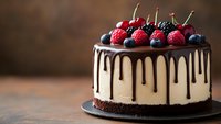 Chocolate drip cake decorated with fresh raspberries, cherries and blueberries on dark chocolate base, creamy vanilla filling on rustic wooden background.