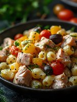 Mediterranean pasta salad with tuna, cherry tomatoes, olives and fresh dill in cast iron skillet for healthy meal preparation and summer dining.