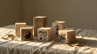 Wooden blocks with various symbols including yin yang, faces, and decorative patterns arranged on fabric surface with natural lighting for craft projects.