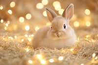 Adorable cream-colored bunny rabbit resting on hay with golden bokeh lights creating magical holiday atmosphere, soft focus portrait of young domestic pet.
