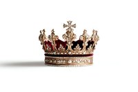 Antique royal crown with red velvet and gold details featuring ornate cross and jewels on white background, isolated luxury symbol of monarchy and power.