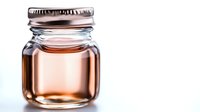 Small glass jar with metal lid containing pink liquid medicine or essential oil on white background, minimalist pharmaceutical or cosmetic product photography.