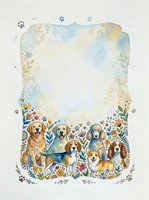 Watercolor frame with adorable dogs and floral elements, perfect for pet-themed designs, greeting cards, and animal lover projects with copy space.