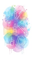 Colorful watercolor splash with white line art beauty and cosmetics tools including makeup brushes, lipstick, mascara, nail polish and hair styling elements.
