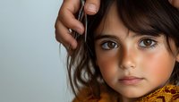 Close up portrait of young girl with dark hair and expressive brown eyes wearing yellow scarf against light background, natural lighting emphasizes facial features.
