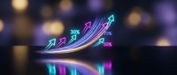 Neon glowing arrows showing upward growth trend with percentage indicators on dark bokeh background for business success presentations.