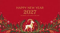 Festive greeting card featuring golden goat silhouette with decorative botanical elements, snowflakes and stars on rich red background for holiday celebrations and new year greetings.