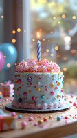 Birthday cake with pink frosting swirls and colorful sprinkles decorated with pearl candies and single lit blue striped candle against blurred bokeh lights background.
