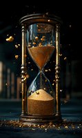 Vintage hourglass with flowing golden sand against dark background, surrounded by magical glowing particles and dust for time concept visualization.