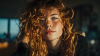Young woman with curly red hair and freckles in warm golden light. Natural beauty portrait with soft lighting for lifestyle and fashion projects.