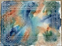 Watercolor abstract background with geometric tribal border pattern, featuring soft blended washes in blue, orange, teal, and earth tones for artistic design projects.