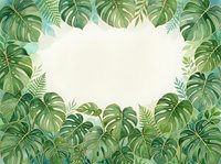 Tropical foliage frame with monstera and fern leaves creating a lush border around white space, ideal for invitations, posters, and design layouts.
