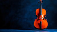 Classical wooden violin on dark blue dramatic background with soft spotlight illumination and copy space for musical concert promotion or event poster.