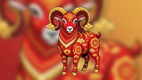 Red ram with golden horns and decorative patterns for lunar new year celebration and zodiac design on warm background.