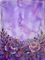 Lavender watercolor background with ornamental floral border featuring purple peonies, scrolls, and botanical elements. Isolated design suitable for invitations, greeting cards, and digital projects.