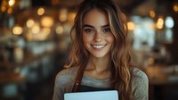 Young woman barista in gray top smiling warmly while holding tablet device in coffee shop with soft bokeh lights background, expressing friendly service and hospitality.