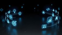 Digital marketing strategy concept with glowing blue business icons connected by flowing lines on dark background for presentations and campaigns.