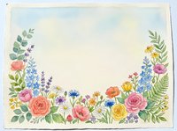 Watercolor floral border frame with colorful wildflowers, roses, and greenery on white background, copy space for text or greeting card.