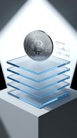 Silver bitcoin coin floating above stacked transparent glass platforms with crypto data chart in minimalist spotlight setting for financial technology concepts.