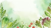 Watercolor illustration of fresh organic vegetables and herbs arranged on soft green background with water droplets, ideal for healthy eating, nutrition, and organic food marketing materials.