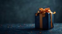 Elegant navy blue gift box with luxurious golden satin ribbon bow on dark textured background with bokeh lights, creating mysterious festive atmosphere.