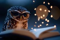 Spotted owl wearing glasses perched near open book with glowing bokeh lights creating magical atmosphere for education and wisdom concepts.