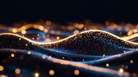 Glowing wave of particles with golden and blue light effects on dark background creates futuristic abstract pattern with bokeh and sparkles.