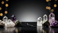 Collection of healing crystals and gemstones including clear quartz, amethyst and pyrite arranged on dark surface with golden bokeh lights background.