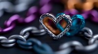 Heart shaped chain link on dark background with purple and blue bokeh lights, romantic symbol of eternal love and connection, macro photography.