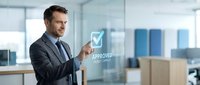 Professional businessman in suit pointing at approved checkmark icon in modern office environment for business success and achievement concepts.