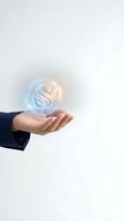 Businessman hand holding glowing yin yang symbol representing balance, harmony and spiritual energy in professional environment for wellness concepts.
