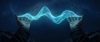 Hands holding a glowing cyan energy wave against a dark dramatic sky, symbolizing power, technology, and futuristic magic for sci-fi concepts.