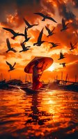 Silhouette of Asian fisherman with traditional conical hat standing on wooden boat at dramatic orange sunset with flying birds and reflective water surface.